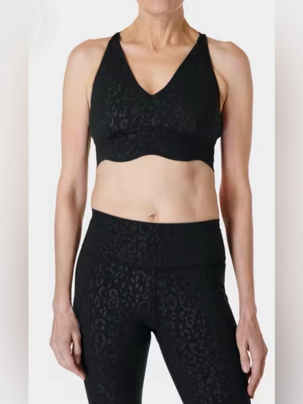 Sweaty Betty Power Plunge Sports Bra Black Leopard Medium Impact Medium